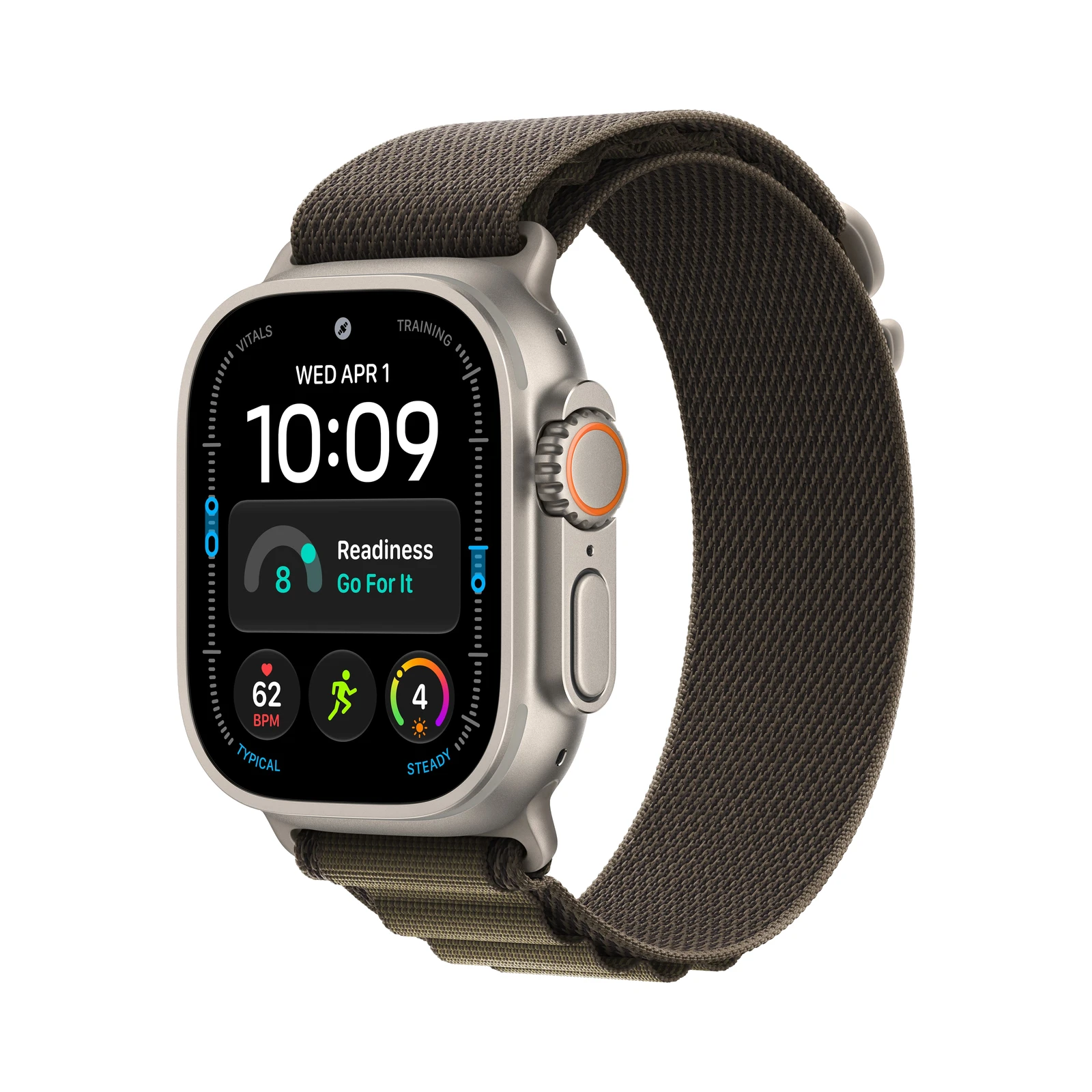 Apple Watch Ultra 4 GPS + Cellular, 49 mm, natúr titántok, Sötét olíva Alpine Loop