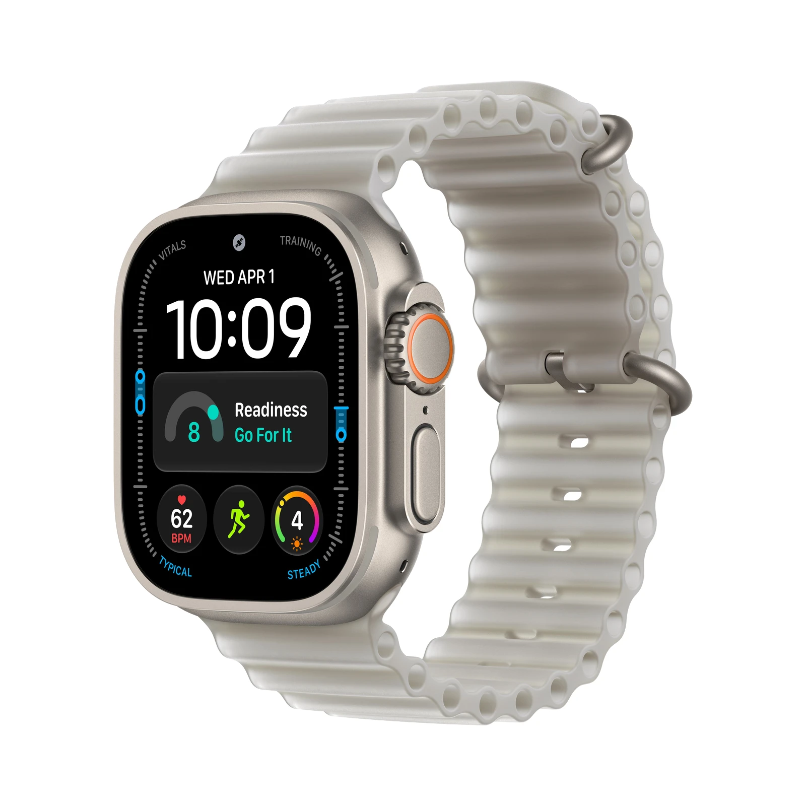 Apple Watch Ultra 4 GPS + Cellular, 49 mm, natúr titántok, Áttetsző szürke Ocean Band