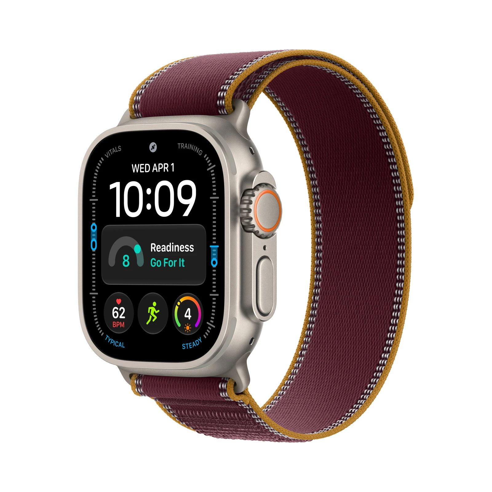 Apple Watch Ultra 4 GPS + Cellular, 49 mm, natúr titántok, Burgundi Trail Loop